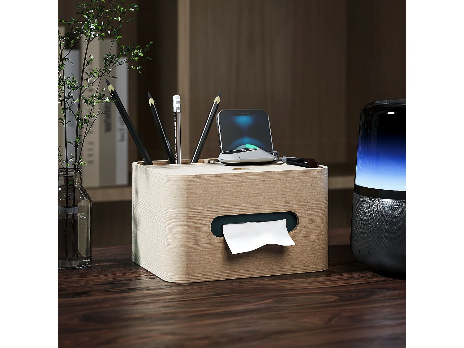 Organiseur de bureau rangement bureau - 2 compartiments, boîte à mouchoirs - aspect bois naturel