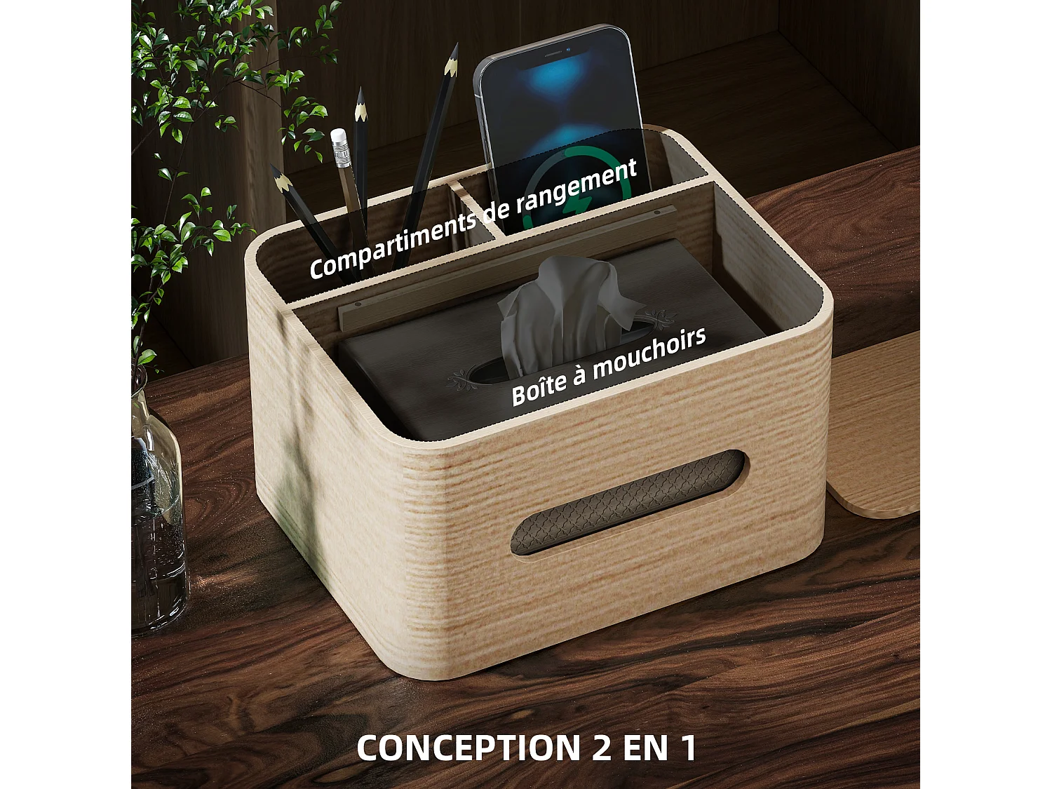 Organiseur de bureau rangement bureau - 2 compartiments, boîte à mouchoirs - aspect bois naturel