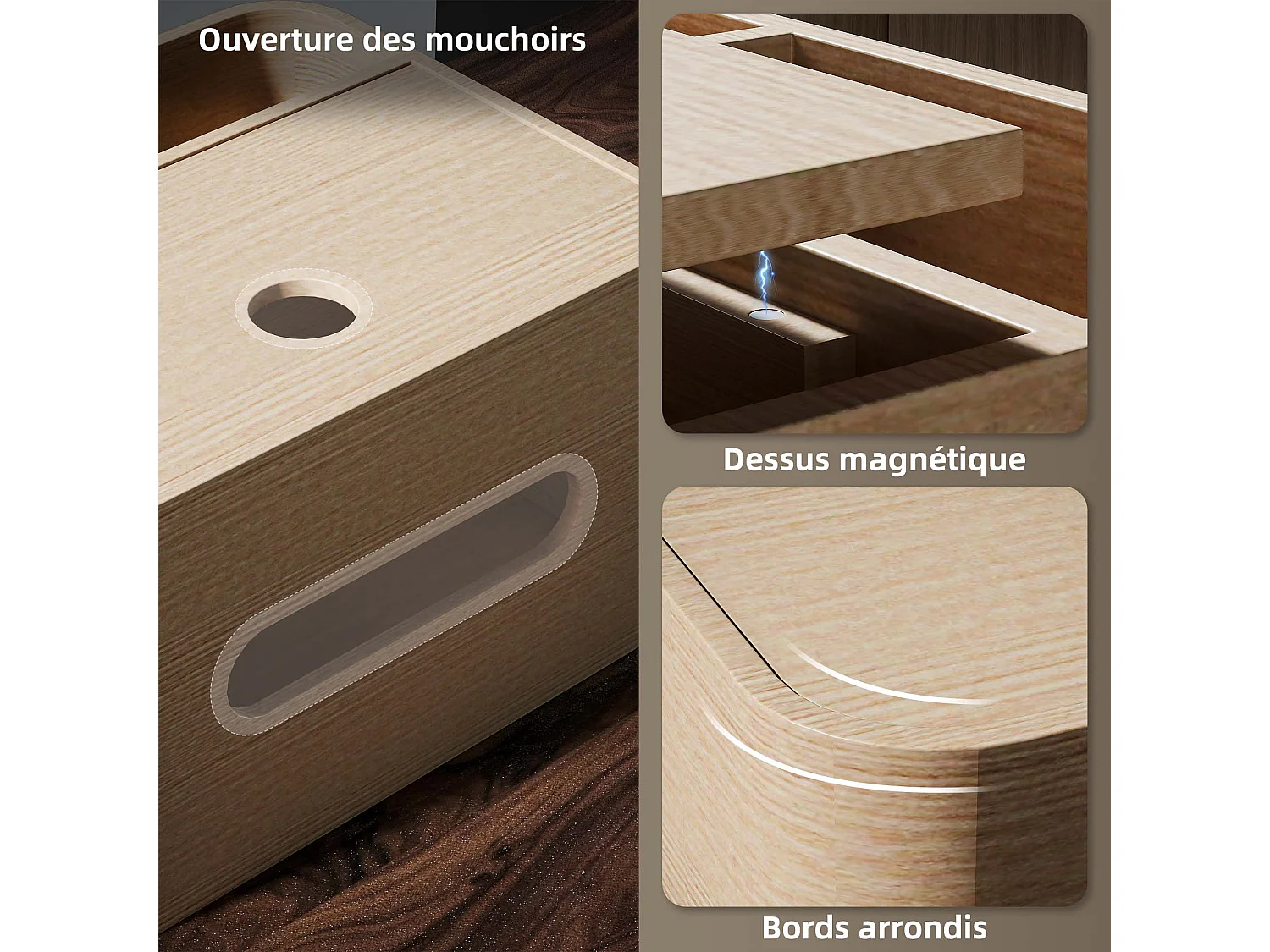 Organiseur de bureau rangement bureau - 2 compartiments, boîte à mouchoirs - aspect bois naturel