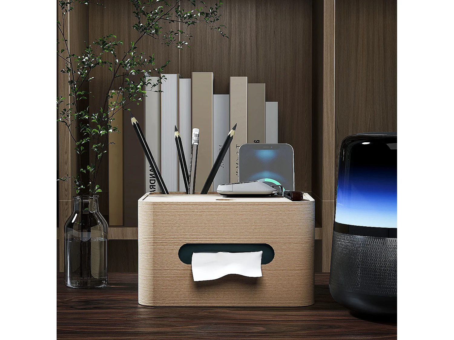 Organiseur de bureau rangement bureau - 2 compartiments, boîte à mouchoirs - aspect bois naturel