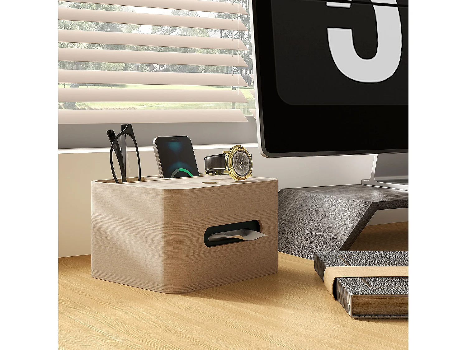 Organiseur de bureau rangement bureau - 2 compartiments, boîte à mouchoirs - aspect bois naturel