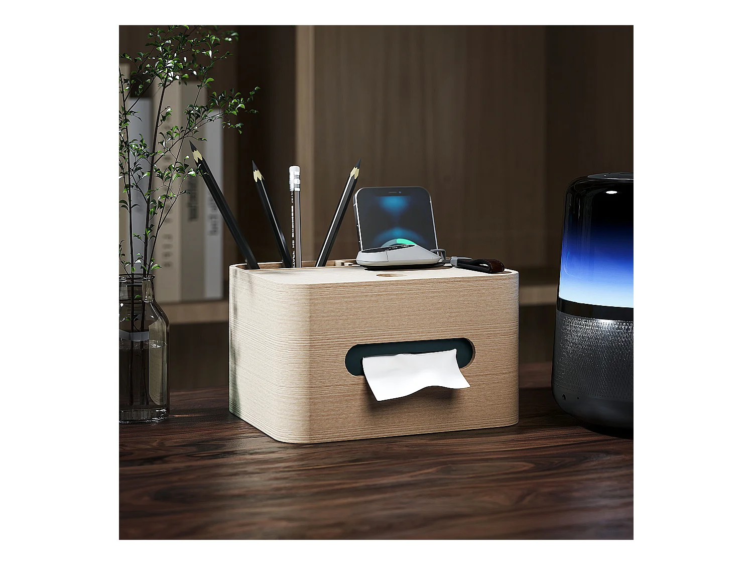 Organiseur de bureau rangement bureau - 2 compartiments, boîte à mouchoirs - aspect bois naturel