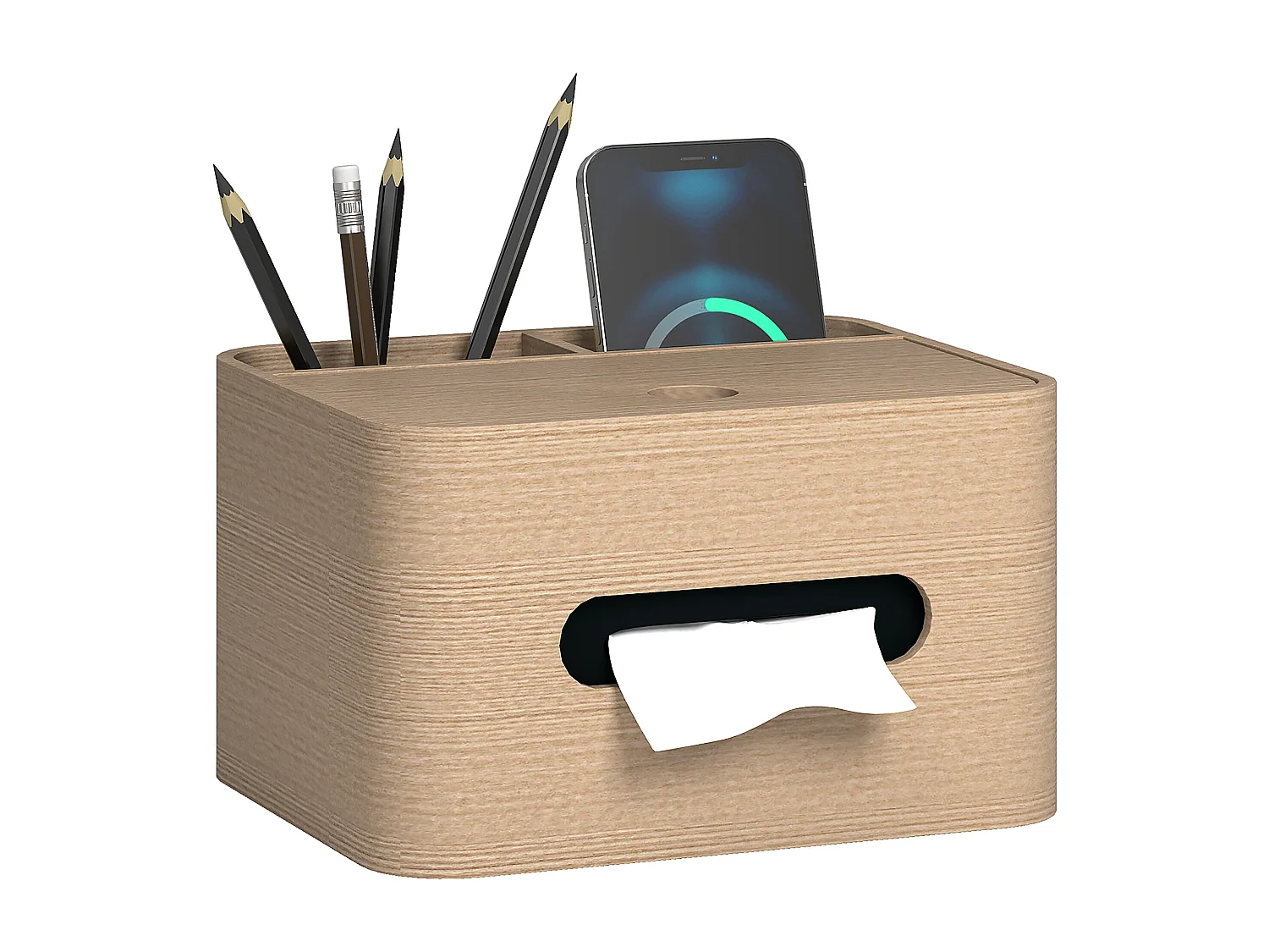 Organiseur de bureau rangement bureau - 2 compartiments, boîte à mouchoirs - aspect bois naturel