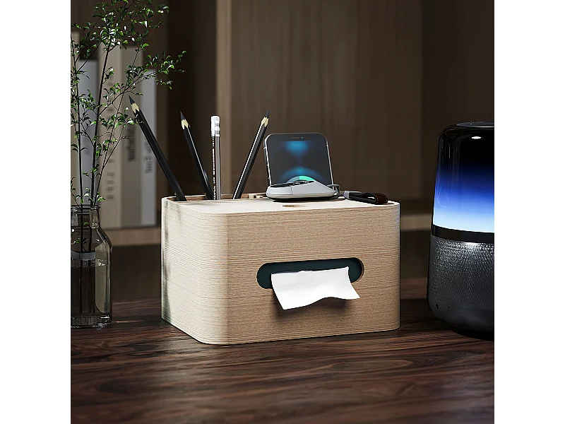 Organiseur de bureau rangement bureau - 2 compartiments, boîte à mouchoirs - aspect bois naturel