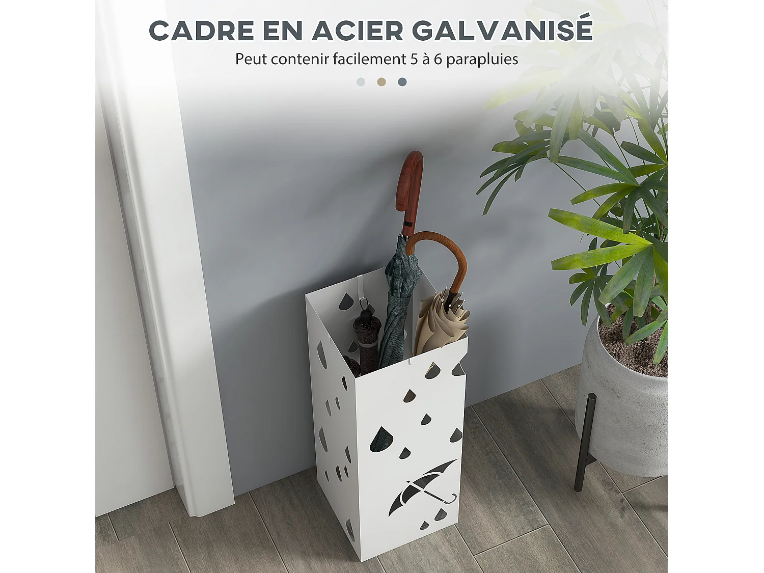Porte-parapluie design - support à parapluie H. 41 cm - 4 crochets, bac à eau - acier blanc