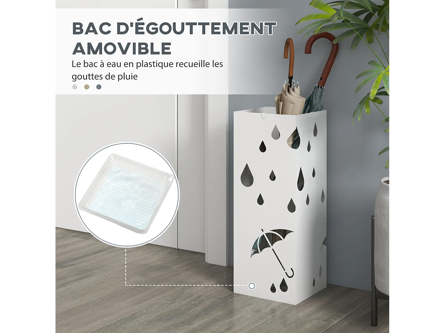 Porte-parapluie design - support à parapluie H. 41 cm - 4 crochets, bac à eau - acier blanc
