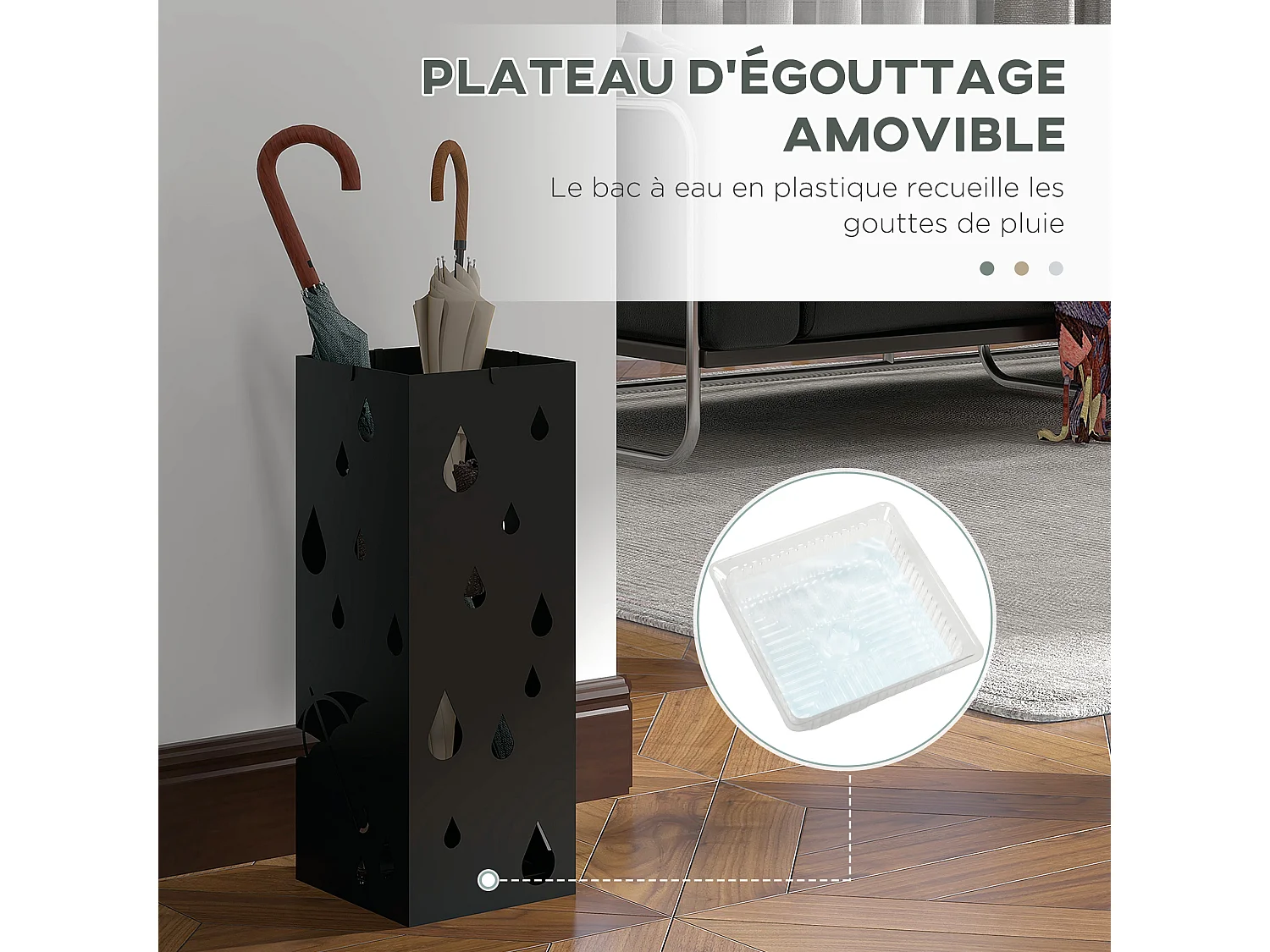 Porte-parapluie design - support à parapluie H. 41 cm - 4 crochets, bac à eau - acier noir