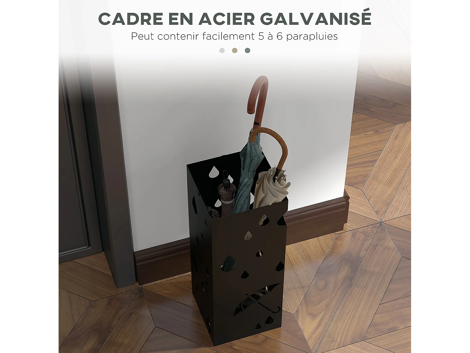 Porte-parapluie design - support à parapluie H. 41 cm - 4 crochets, bac à eau - acier noir