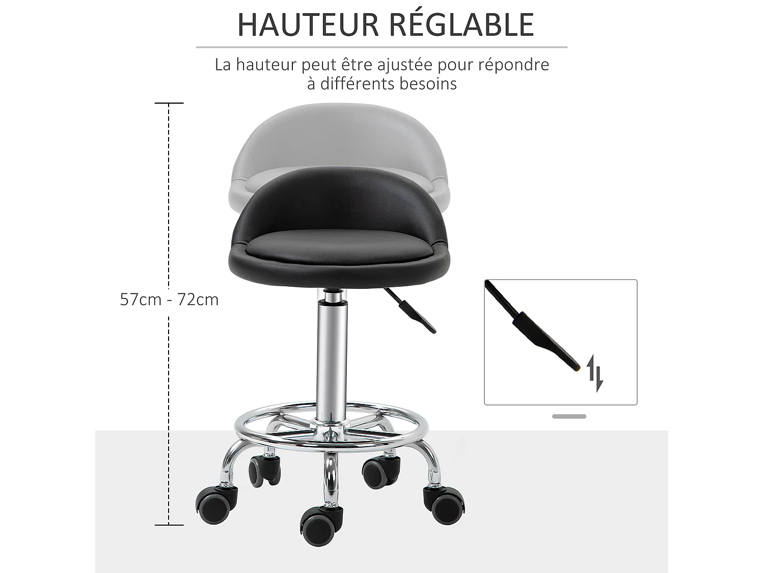 Lot de 2 tabourets de travail massage réglables - dossier ergonomique - acier chromé PU noir