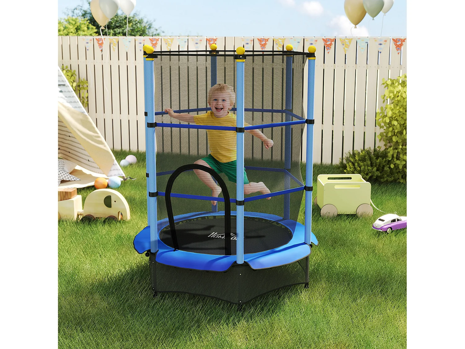 Trampoline de jardin enfants Ø 1,40 x 1,90H m filet de sécurité porte zipée couvre-ressorts + 6 poteaux rembourrés inclus bleu