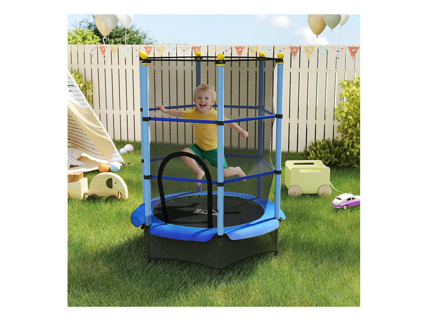 Trampoline de jardin enfants Ø 1,40 x 1,90H m filet de sécurité porte zipée couvre-ressorts + 6 poteaux rembourrés inclus bleu