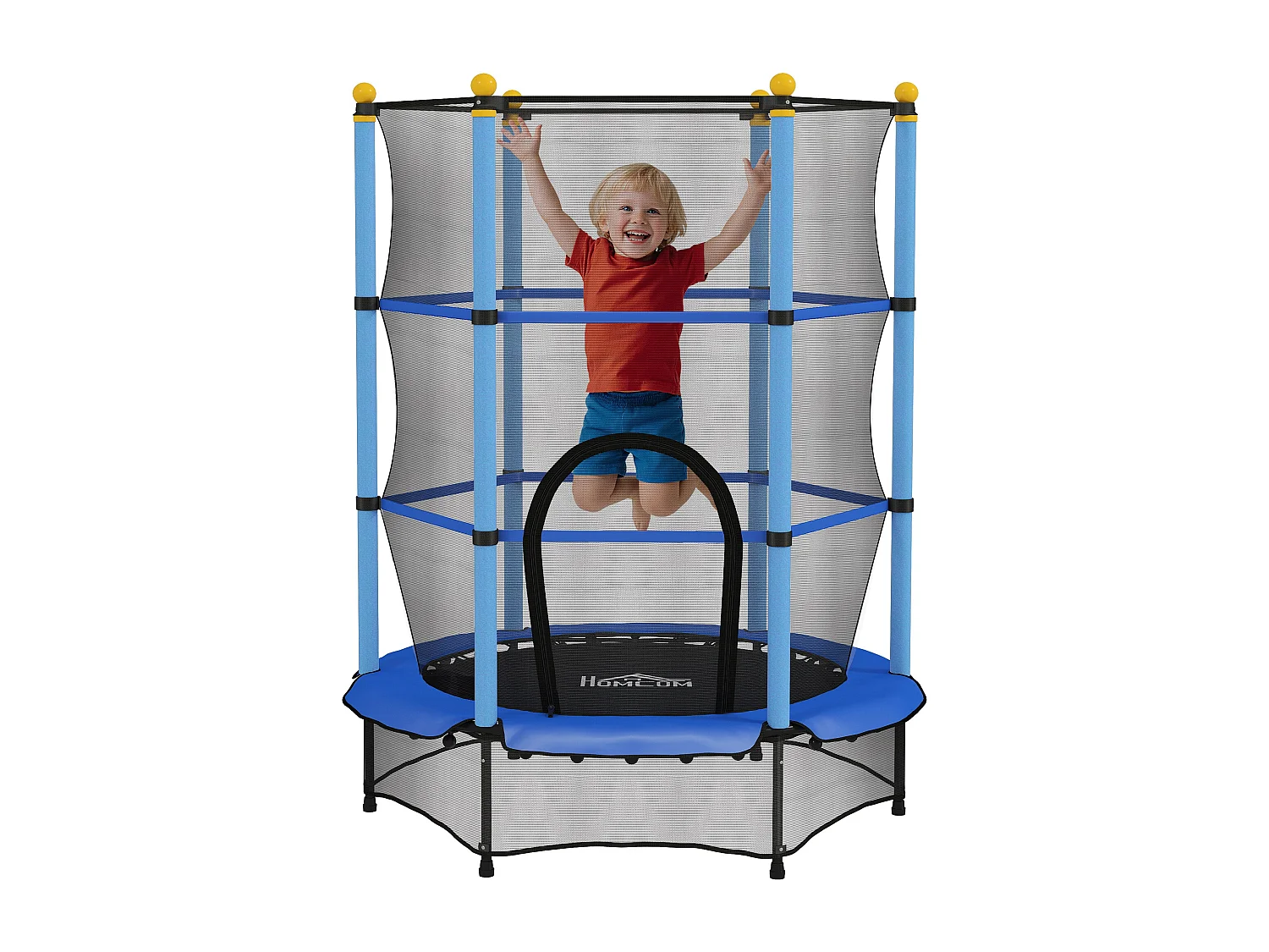 Trampoline de jardin enfants Ø 1,40 x 1,90H m filet de sécurité porte zipée couvre-ressorts + 6 poteaux rembourrés inclus bleu