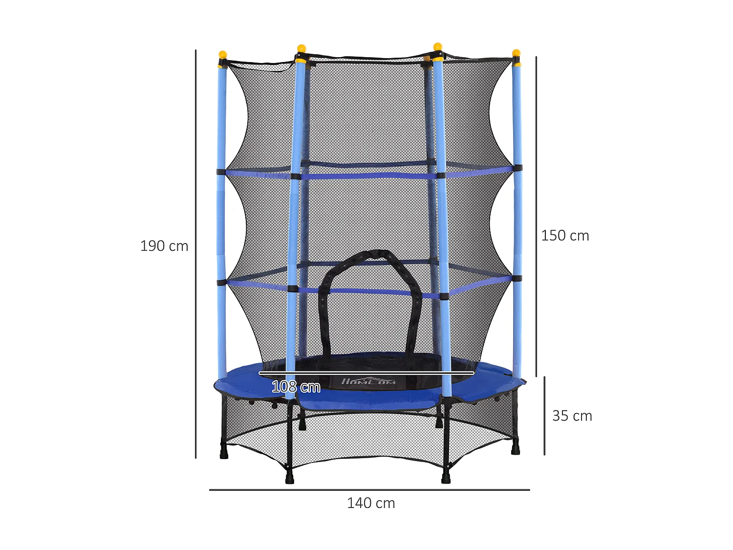 Trampoline de jardin enfants Ø 1,40 x 1,90H m filet de sécurité porte zipée couvre-ressorts + 6 poteaux rembourrés inclus bleu