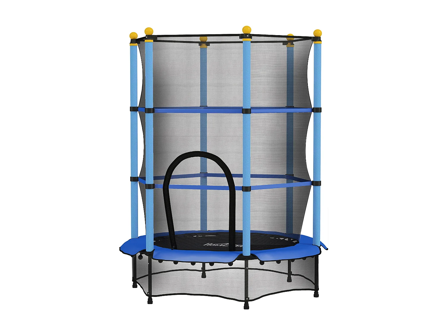 Trampoline de jardin enfants Ø 1,40 x 1,90H m filet de sécurité porte zipée couvre-ressorts + 6 poteaux rembourrés inclus bleu