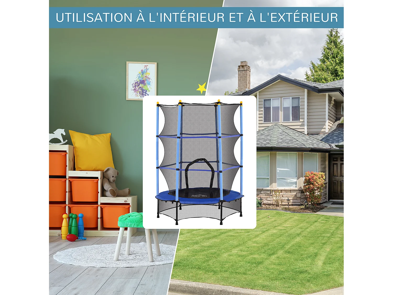 Trampoline de jardin enfants Ø 1,40 x 1,90H m filet de sécurité porte zipée couvre-ressorts + 6 poteaux rembourrés inclus bleu