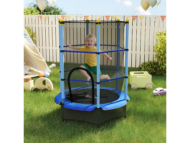 Trampoline de jardin enfants Ø 1,40 x 1,90H m filet de sécurité porte zipée couvre-ressorts + 6 poteaux rembourrés inclus bleu