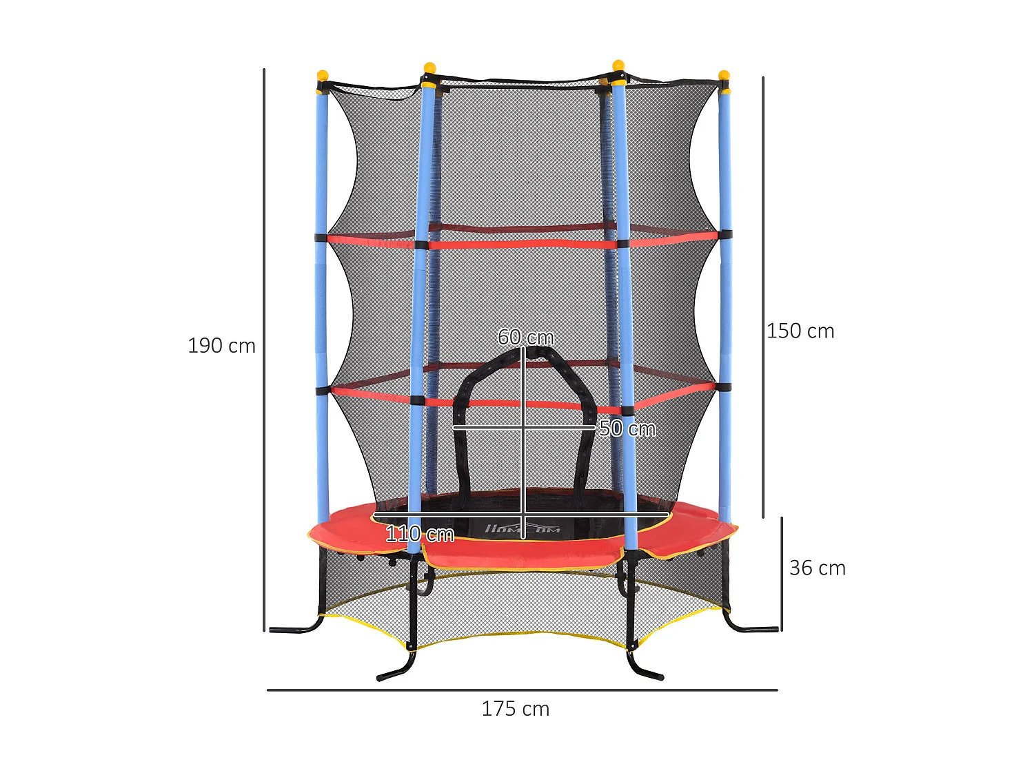 Trampoline de jardin enfant Ø 1,75 x 1,90H m filet de sécurité porte zipée couvre-ressorts + 6 poteaux rembourrés inclus rouge bleu noir
