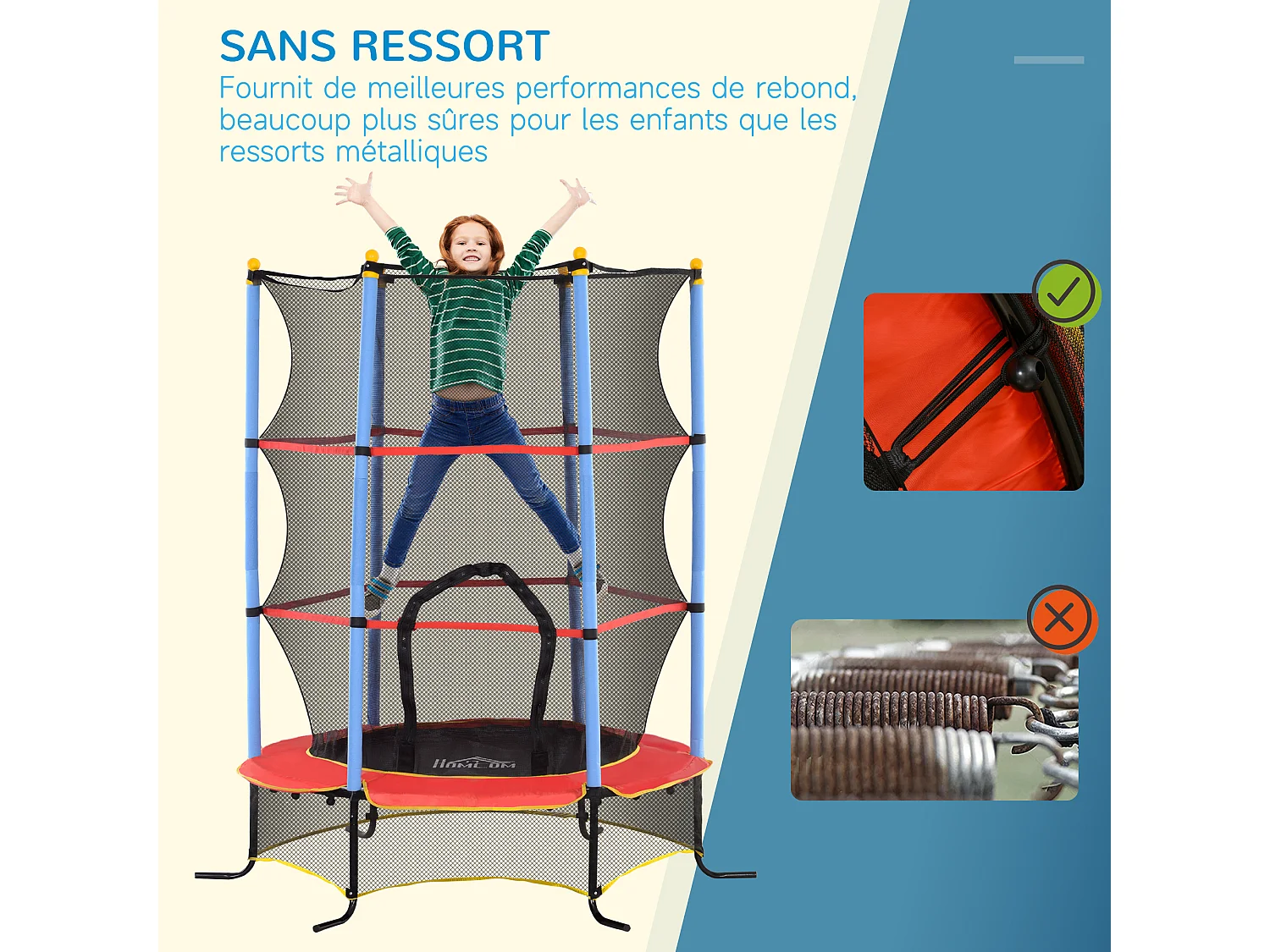 Trampoline de jardin enfant Ø 1,75 x 1,90H m filet de sécurité porte zipée couvre-ressorts + 6 poteaux rembourrés inclus rouge bleu noir
