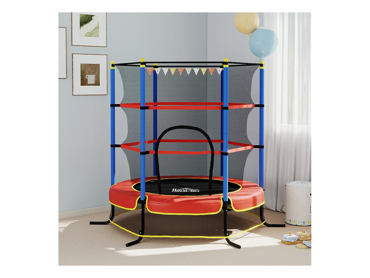 Trampoline de jardin enfant Ø 1,75 x 1,90H m filet de sécurité porte zipée couvre-ressorts + 6 poteaux rembourrés inclus rouge bleu noir