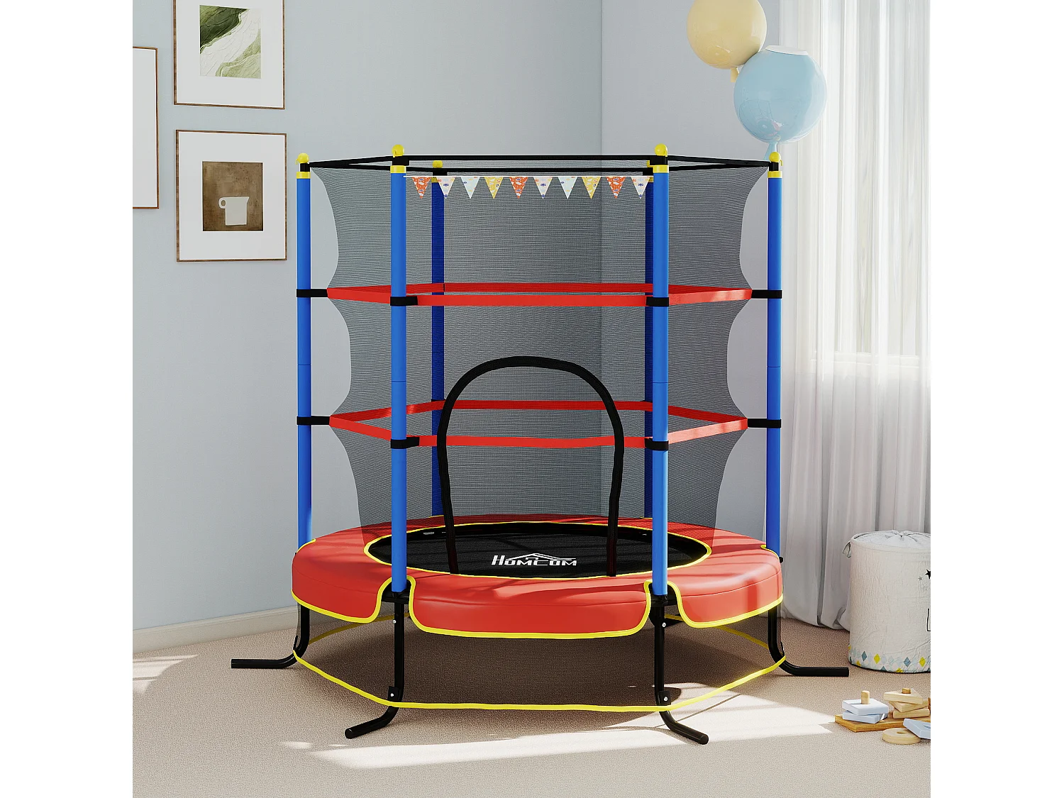 Trampoline de jardin enfant Ø 1,75 x 1,90H m filet de sécurité porte zipée couvre-ressorts + 6 poteaux rembourrés inclus rouge bleu noir
