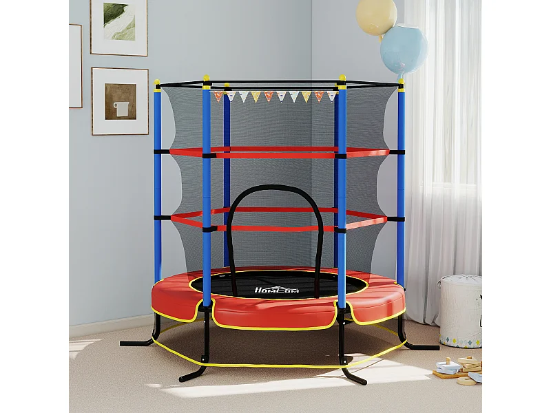 Trampoline de jardin enfant Ø 1,75 x 1,90H m filet de sécurité porte zipée couvre-ressorts + 6 poteaux rembourrés inclus rouge bleu noir