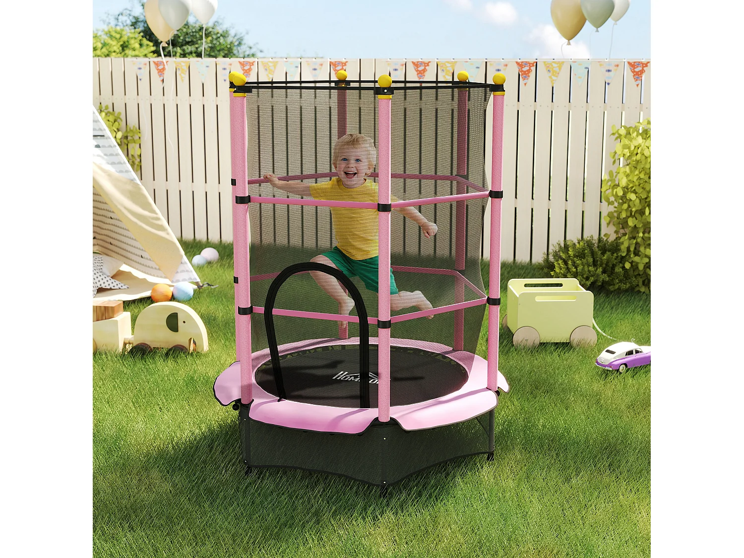 Trampoline de jardin enfants Ø 1,40 x 1,90H m filet de sécurité porte zipée couvre-ressorts + 6 poteaux rembourrés inclus rose