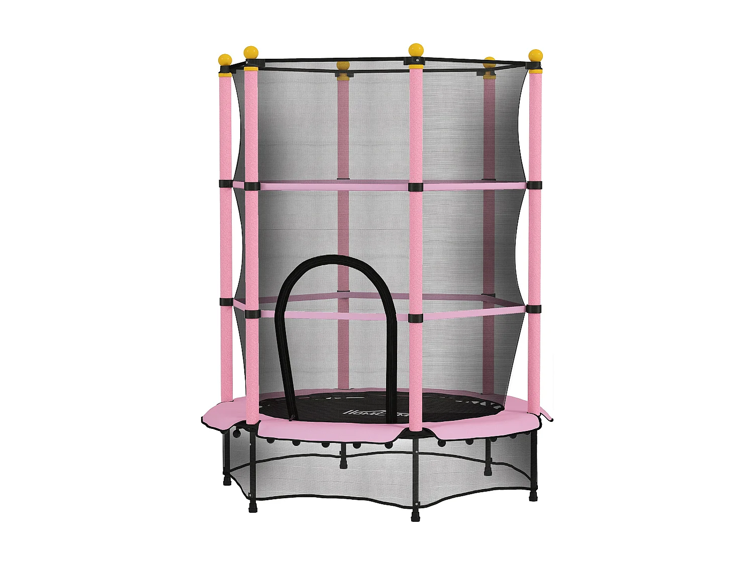 Trampoline de jardin enfants Ø 1,40 x 1,90H m filet de sécurité porte zipée couvre-ressorts + 6 poteaux rembourrés inclus rose