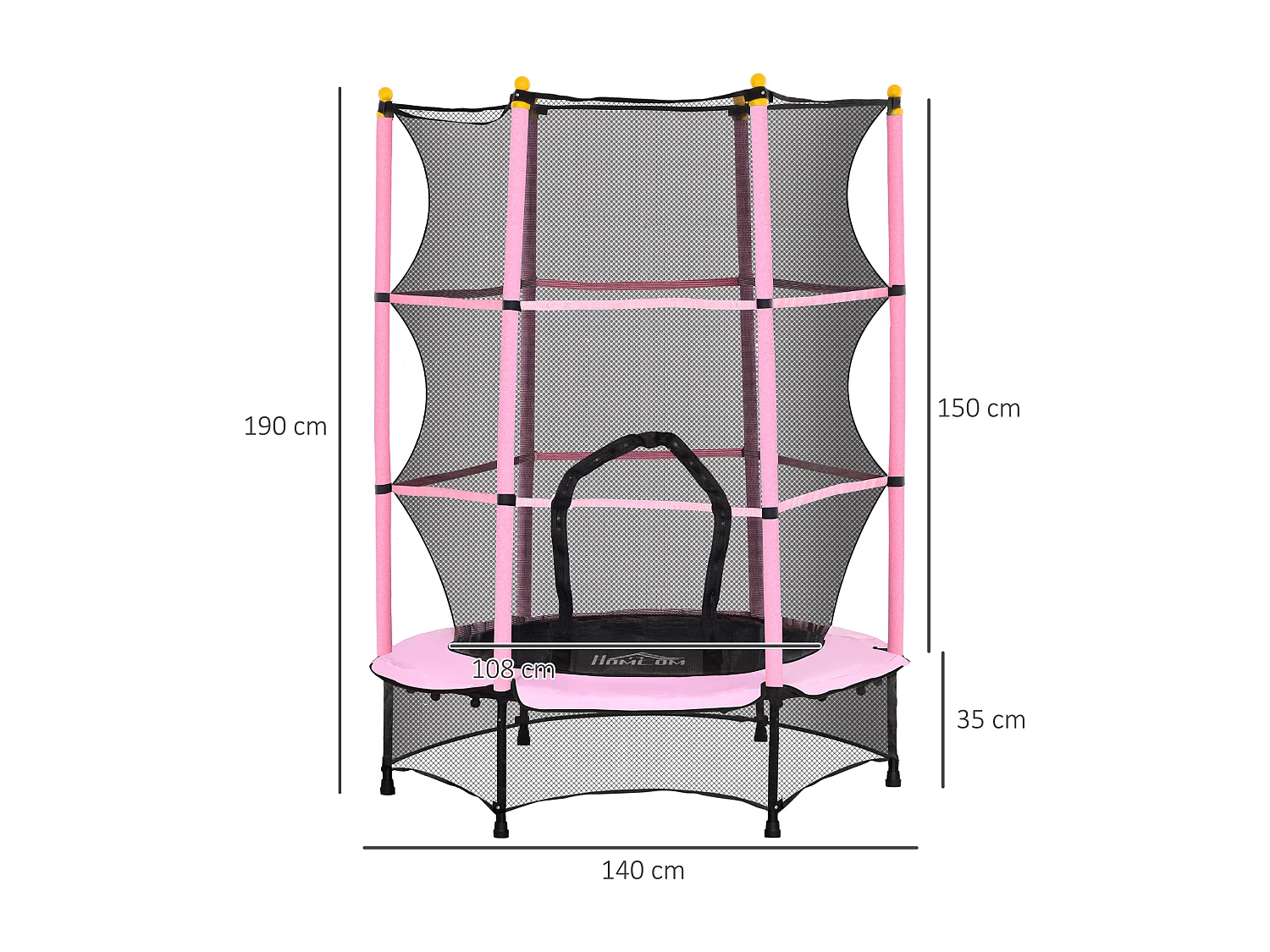 Trampoline de jardin enfants Ø 1,40 x 1,90H m filet de sécurité porte zipée couvre-ressorts + 6 poteaux rembourrés inclus rose