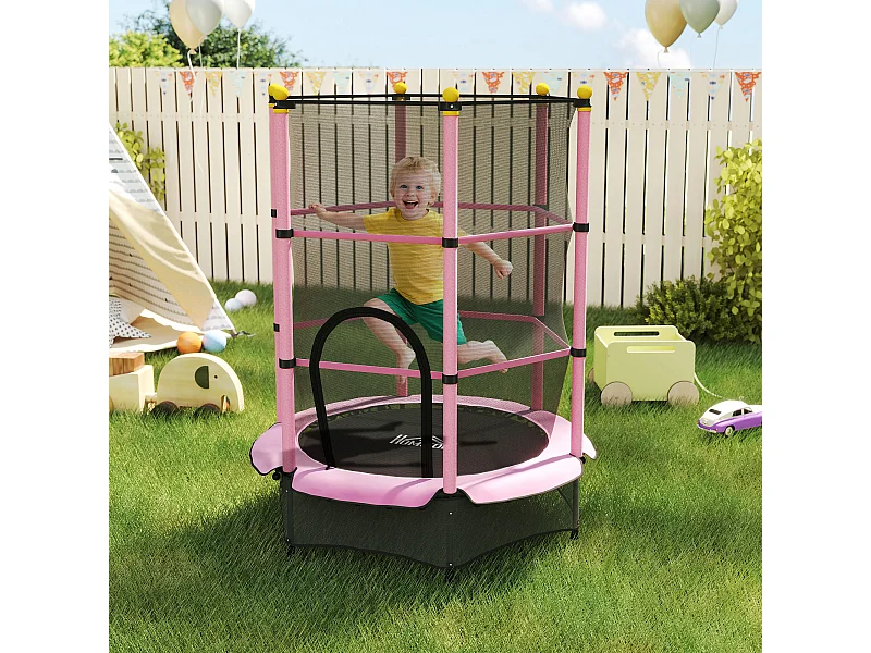 Trampoline de jardin enfants Ø 1,40 x 1,90H m filet de sécurité porte zipée couvre-ressorts + 6 poteaux rembourrés inclus rose