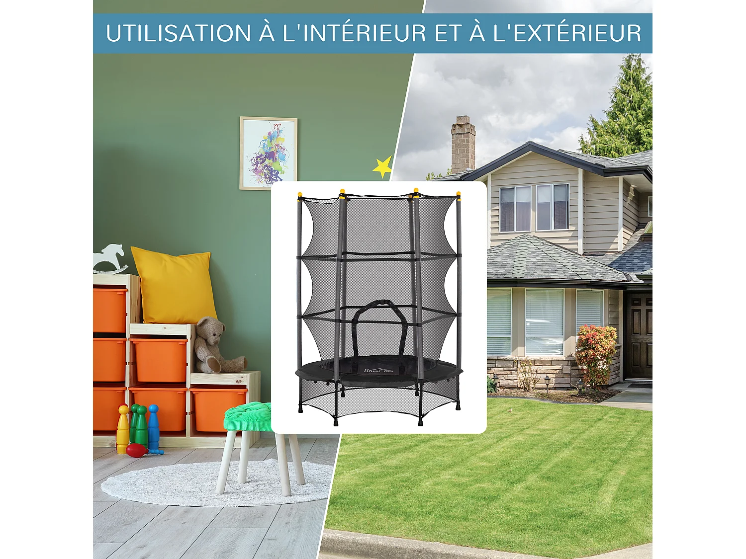 Trampoline de jardin enfants Ø 1,40 x 1,90H m filet de sécurité porte zipée couvre-ressorts + 6 poteaux rembourrés inclus noir