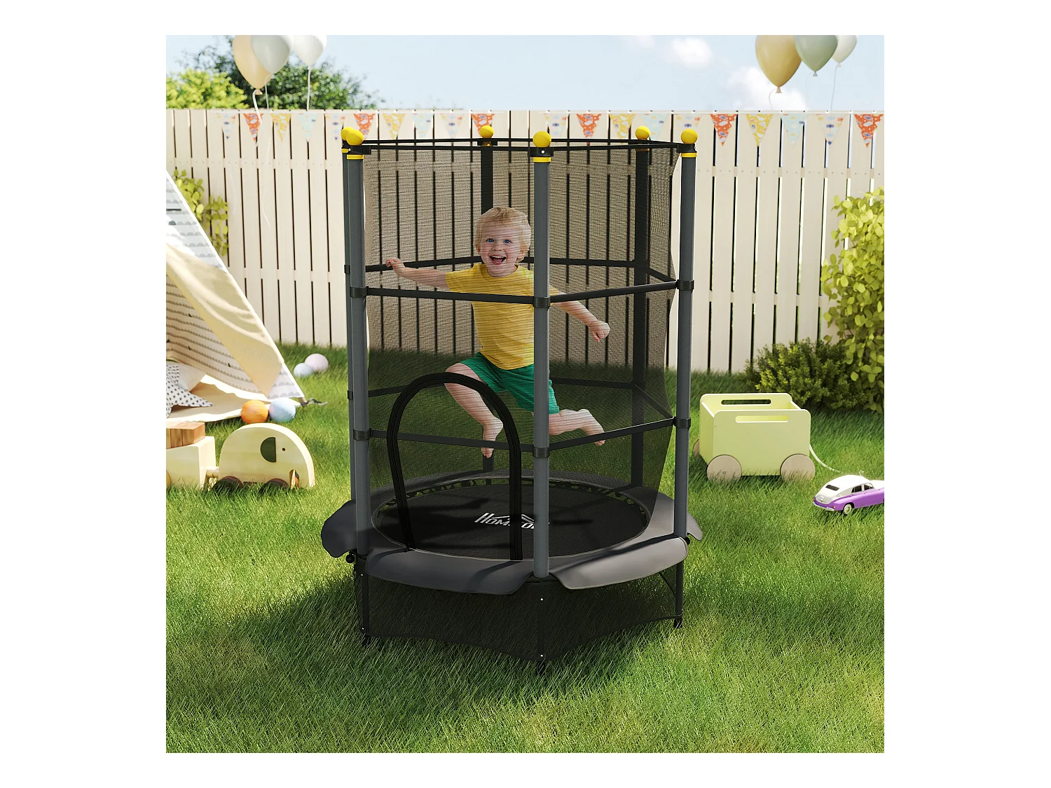 Trampoline de jardin enfants Ø 1,40 x 1,90H m filet de sécurité porte zipée couvre-ressorts + 6 poteaux rembourrés inclus noir