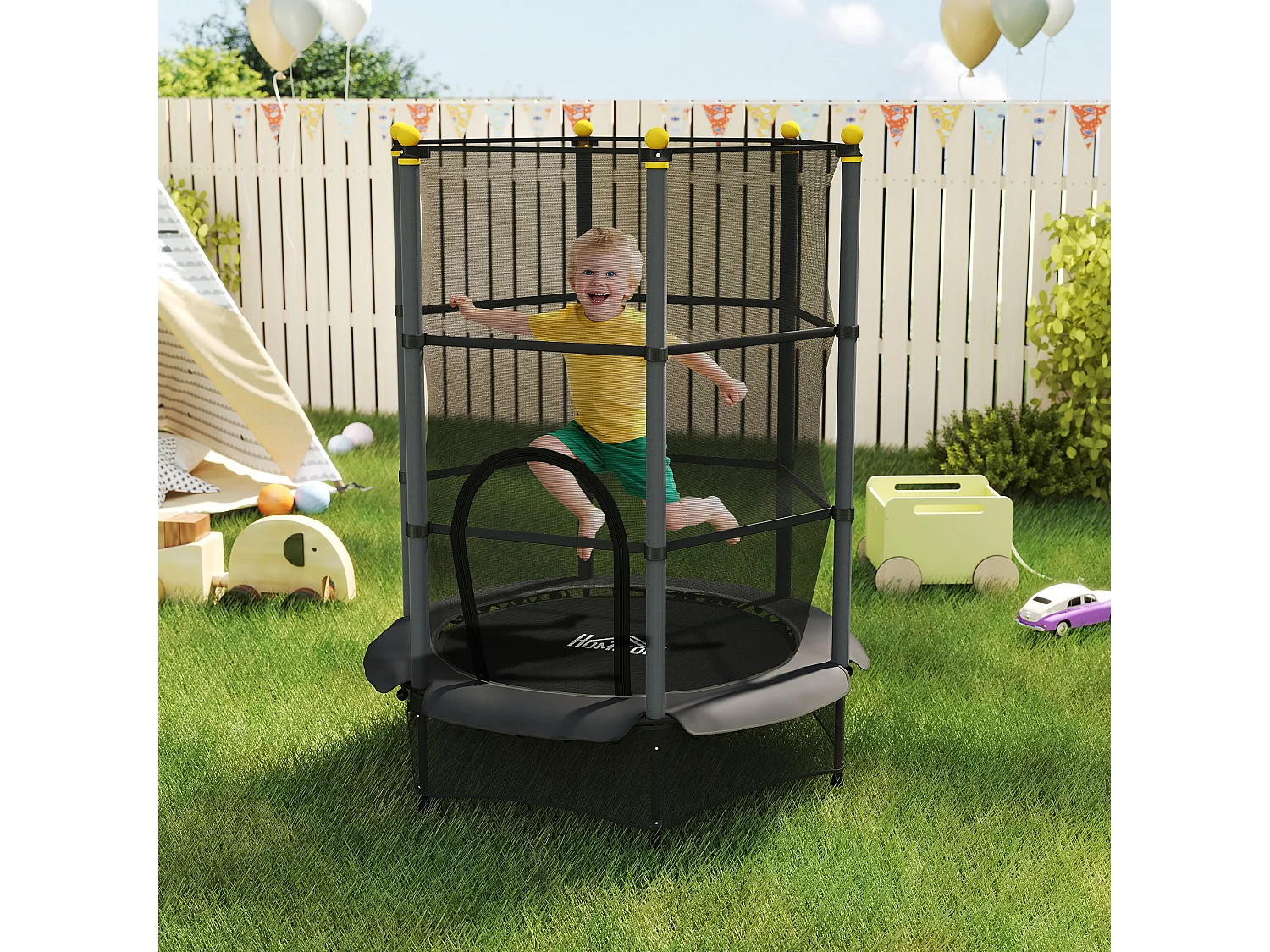 Trampoline de jardin enfants Ø 1,40 x 1,90H m filet de sécurité porte zipée couvre-ressorts + 6 poteaux rembourrés inclus noir