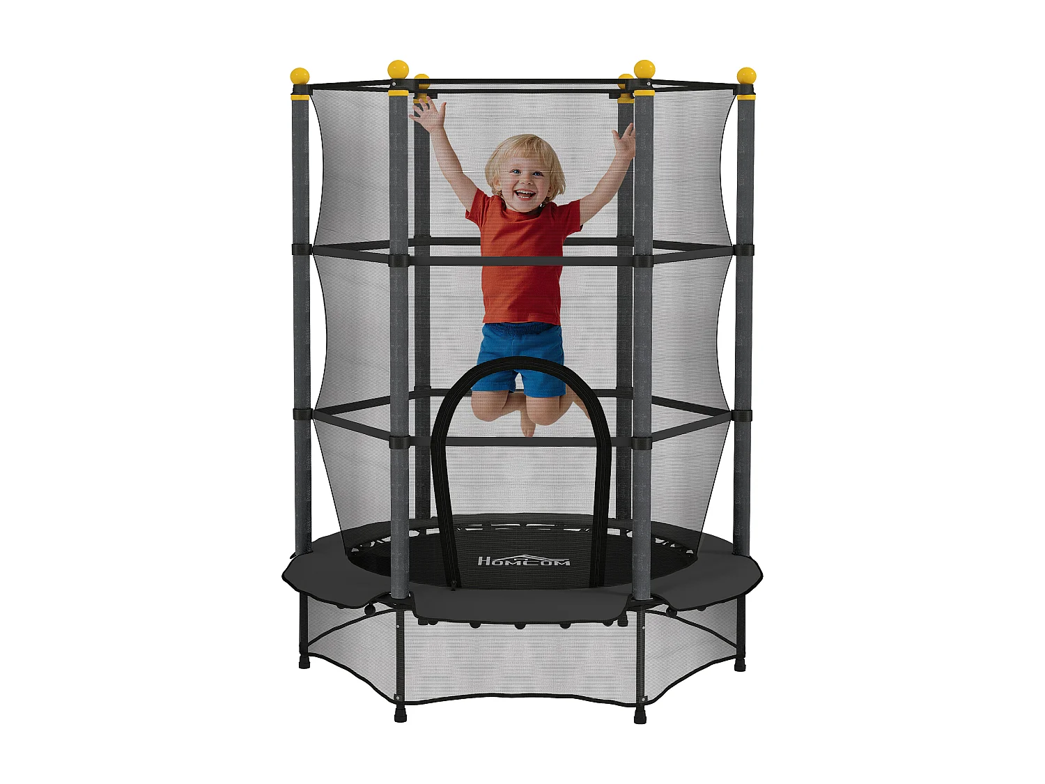 Trampoline de jardin enfants Ø 1,40 x 1,90H m filet de sécurité porte zipée couvre-ressorts + 6 poteaux rembourrés inclus noir
