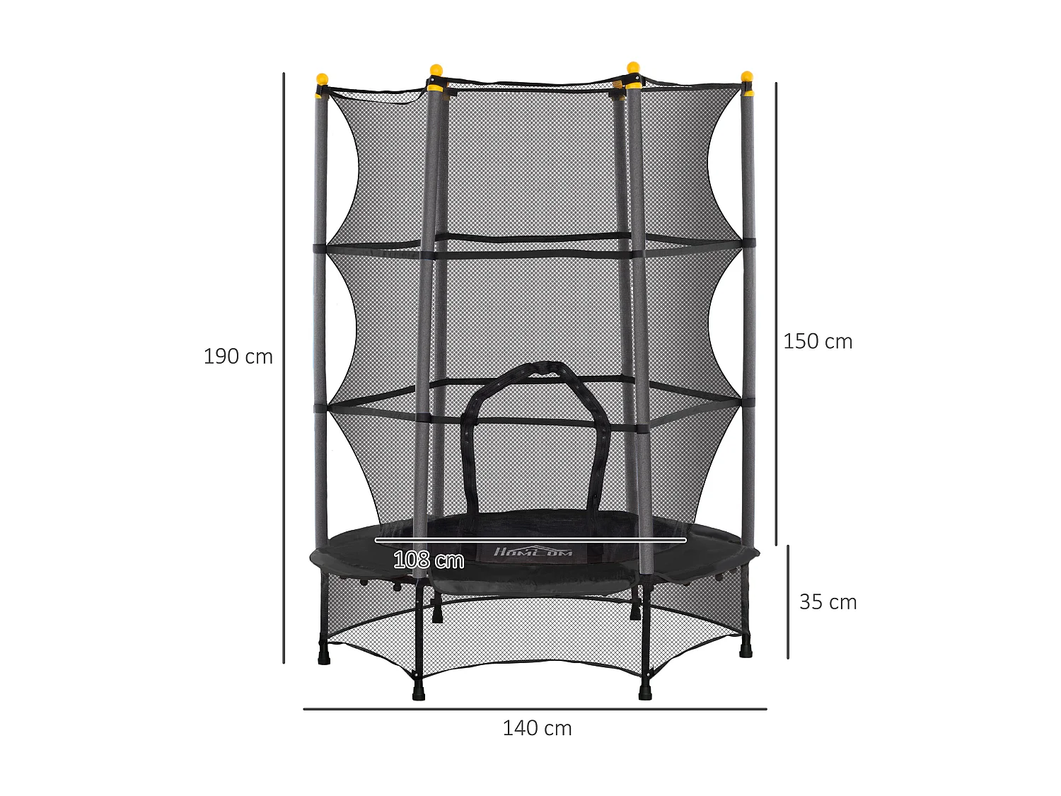 Trampoline de jardin enfants Ø 1,40 x 1,90H m filet de sécurité porte zipée couvre-ressorts + 6 poteaux rembourrés inclus noir