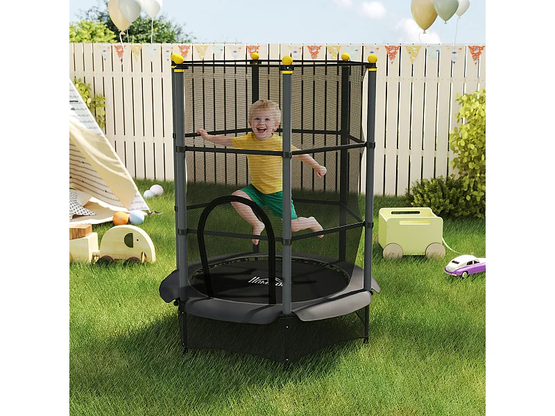 Trampoline de jardin enfants Ø 1,40 x 1,90H m filet de sécurité porte zipée couvre-ressorts + 6 poteaux rembourrés inclus noir