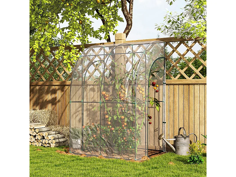 Serre de jardin adossée serre adossée dim. 1,43L x 1,18l x 2,12H m 2 portes zippées enroulables acier PVC transparent