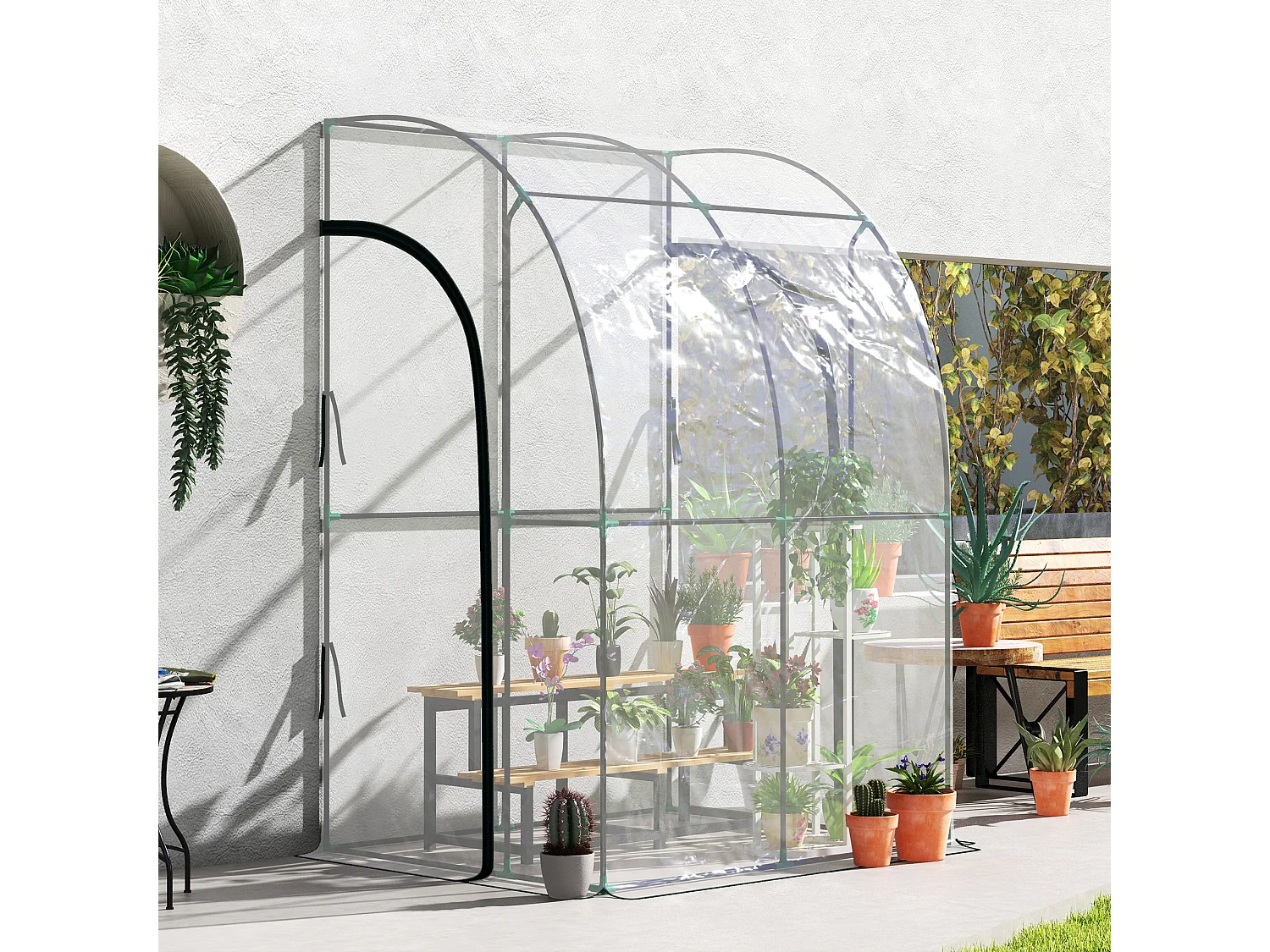 Serre de jardin adossée serre adossée dim. 1,43L x 1,18l x 2,12H m 2 portes zippées enroulables acier PVC transparent