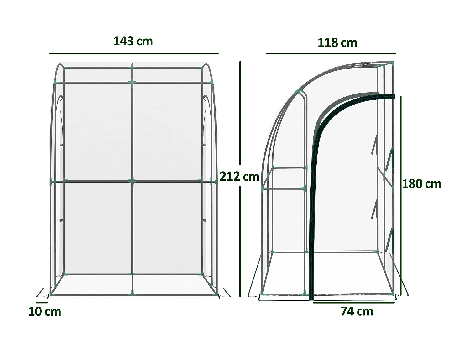 Serre de jardin adossée serre adossée dim. 1,43L x 1,18l x 2,12H m 2 portes zippées enroulables acier PVC transparent