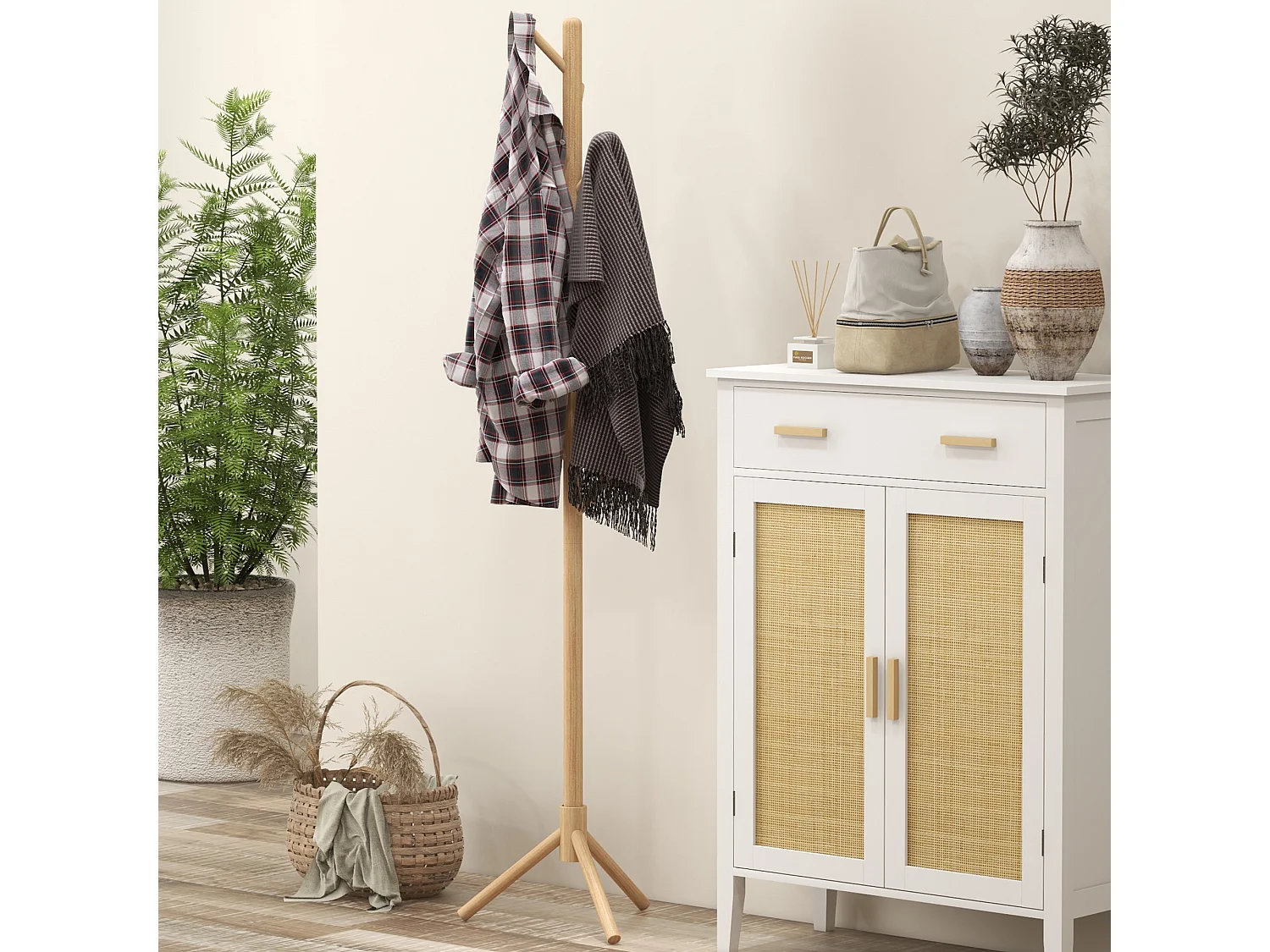 Portemanteau sur pied style cosy naturel 8 patères dim. 40L x 40l x 165H cm bois de pin