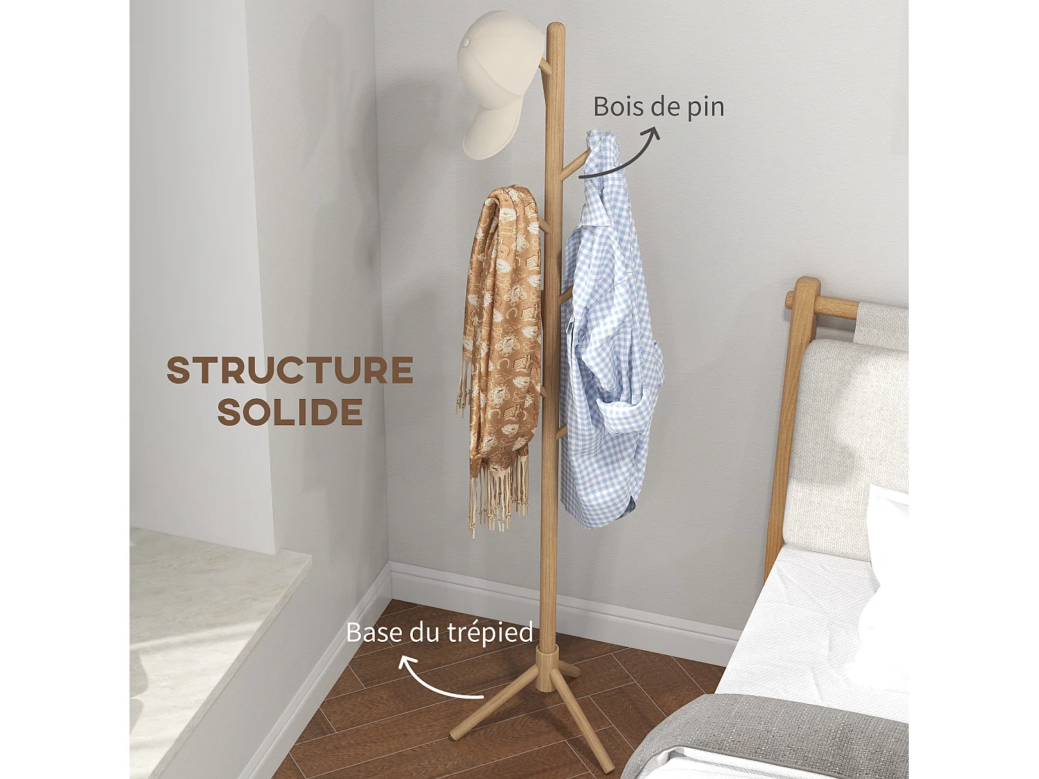 Portemanteau sur pied style cosy naturel 8 patères dim. 40L x 40l x 165H cm bois de pin