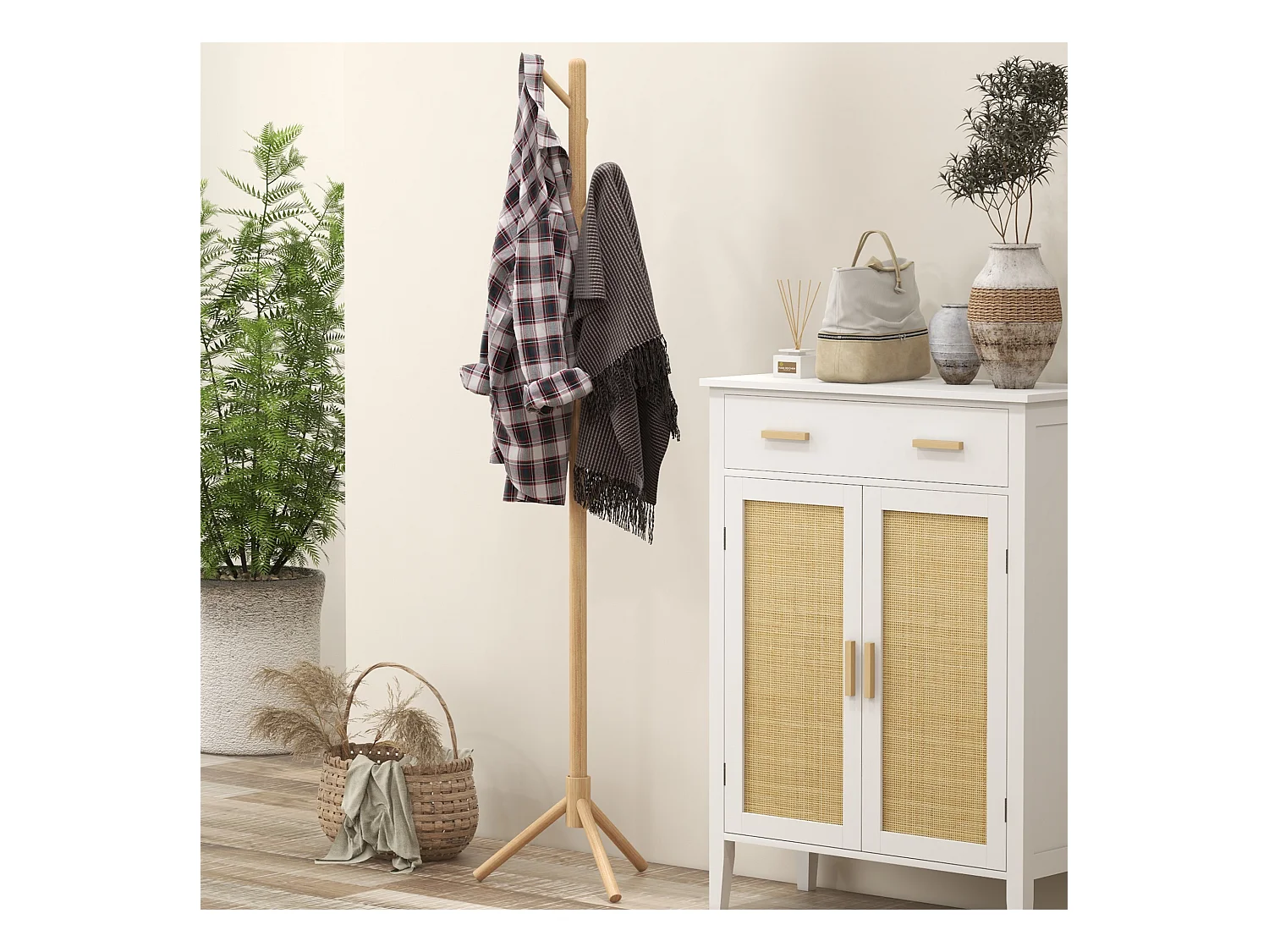 Portemanteau sur pied style cosy naturel 8 patères dim. 40L x 40l x 165H cm bois de pin