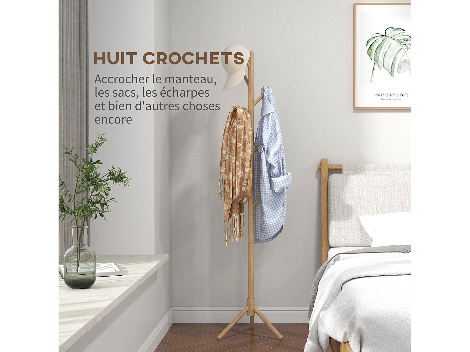 Portemanteau sur pied style cosy naturel 8 patères dim. 40L x 40l x 165H cm bois de pin