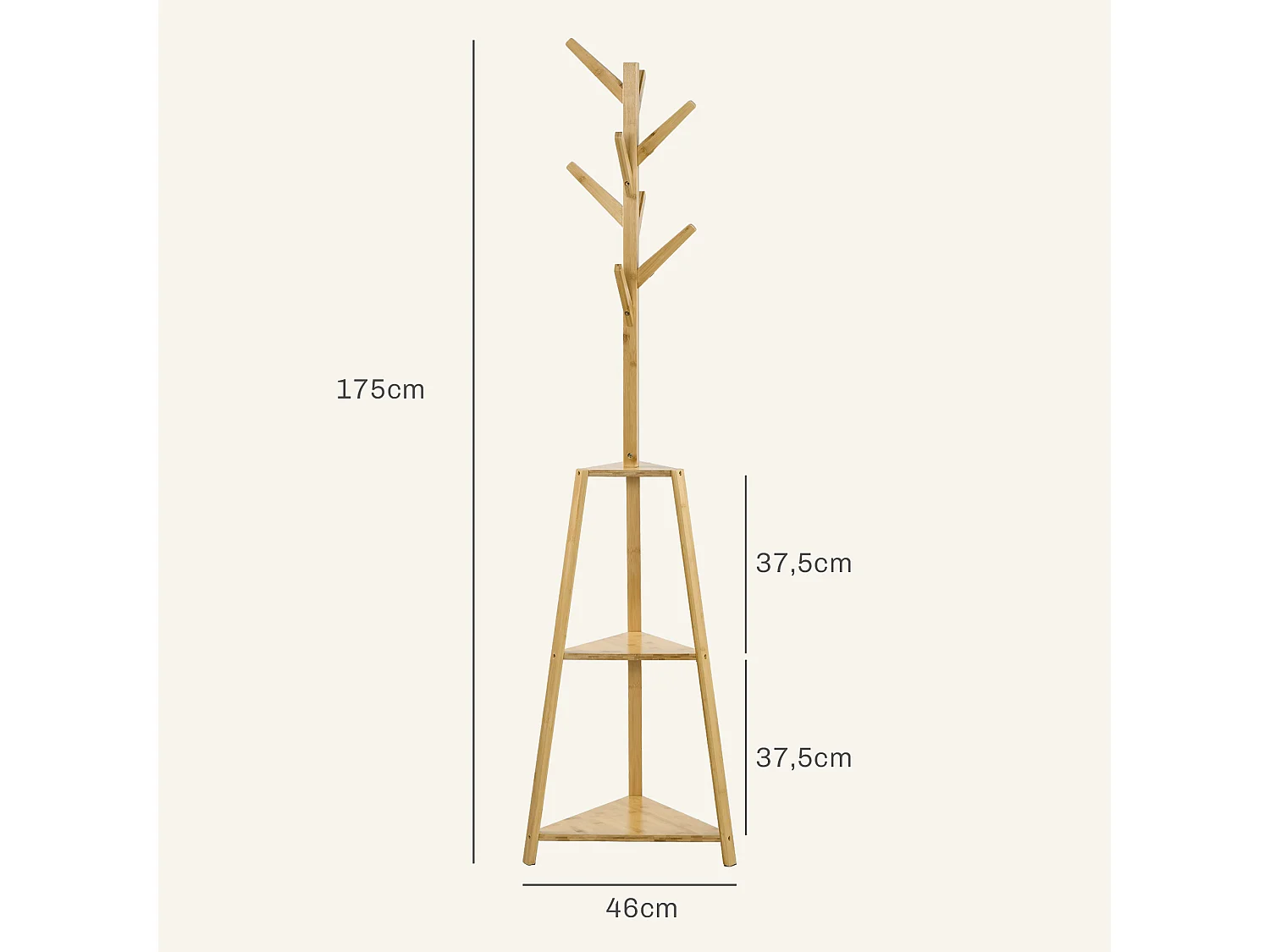 Portemanteau sur pied bois bambou - 8 patères, 3 étagères - dim. 46L x 46l x 175H cm