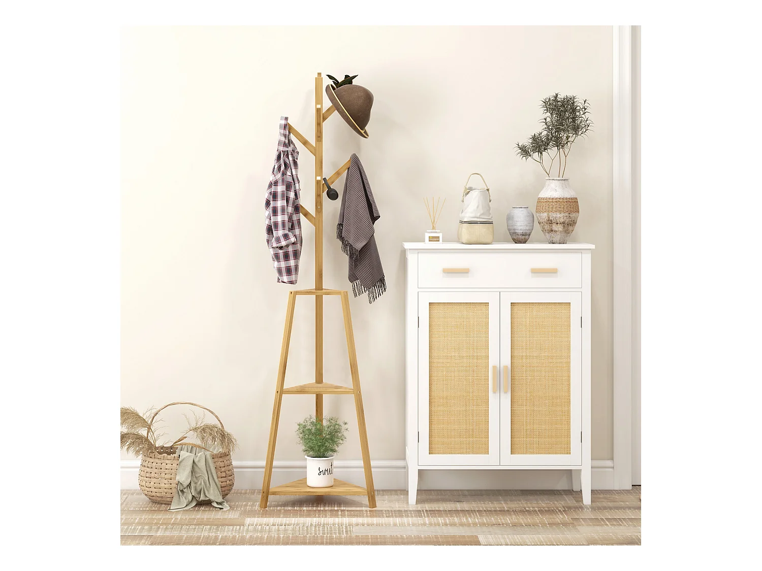 Portemanteau sur pied bois bambou - 8 patères, 3 étagères - dim. 46L x 46l x 175H cm