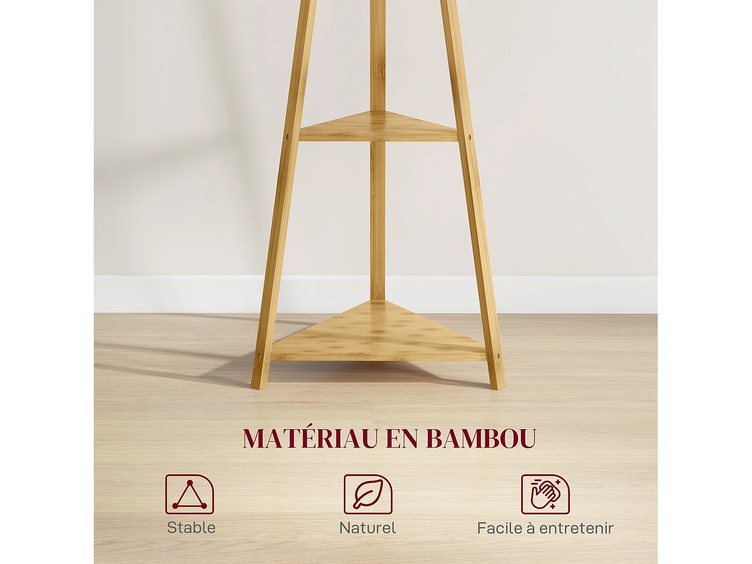 Portemanteau sur pied bois bambou - 8 patères, 3 étagères - dim. 46L x 46l x 175H cm