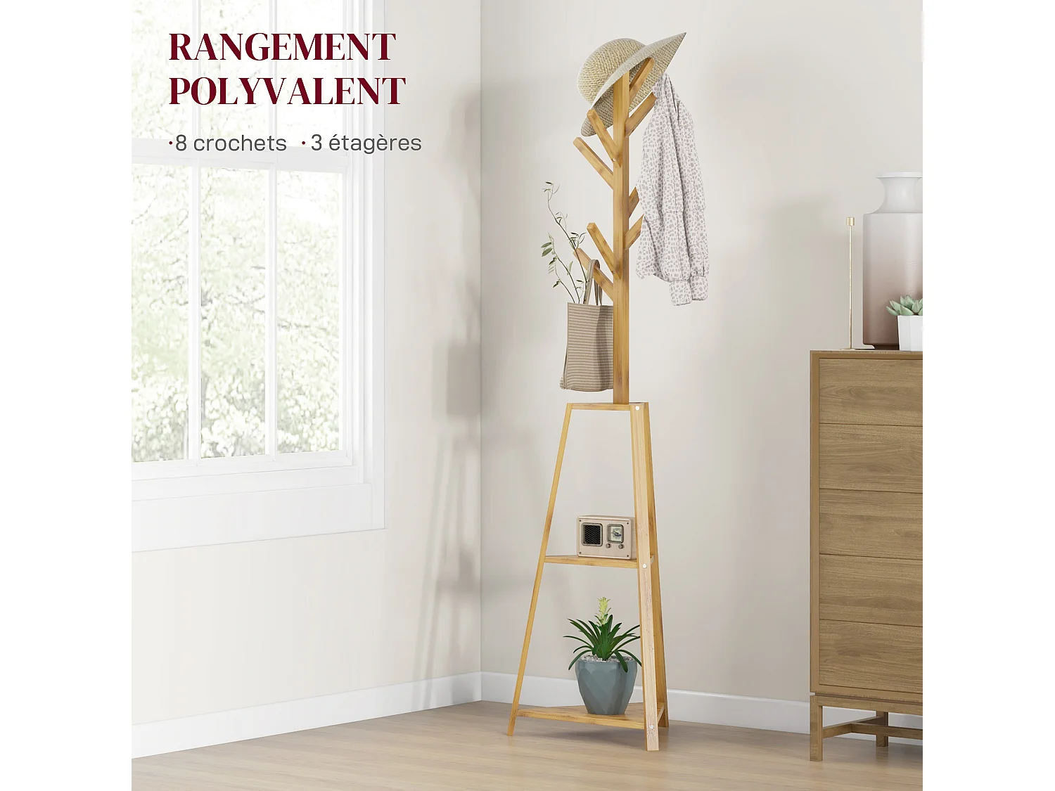 Portemanteau sur pied bois bambou - 8 patères, 3 étagères - dim. 46L x 46l x 175H cm