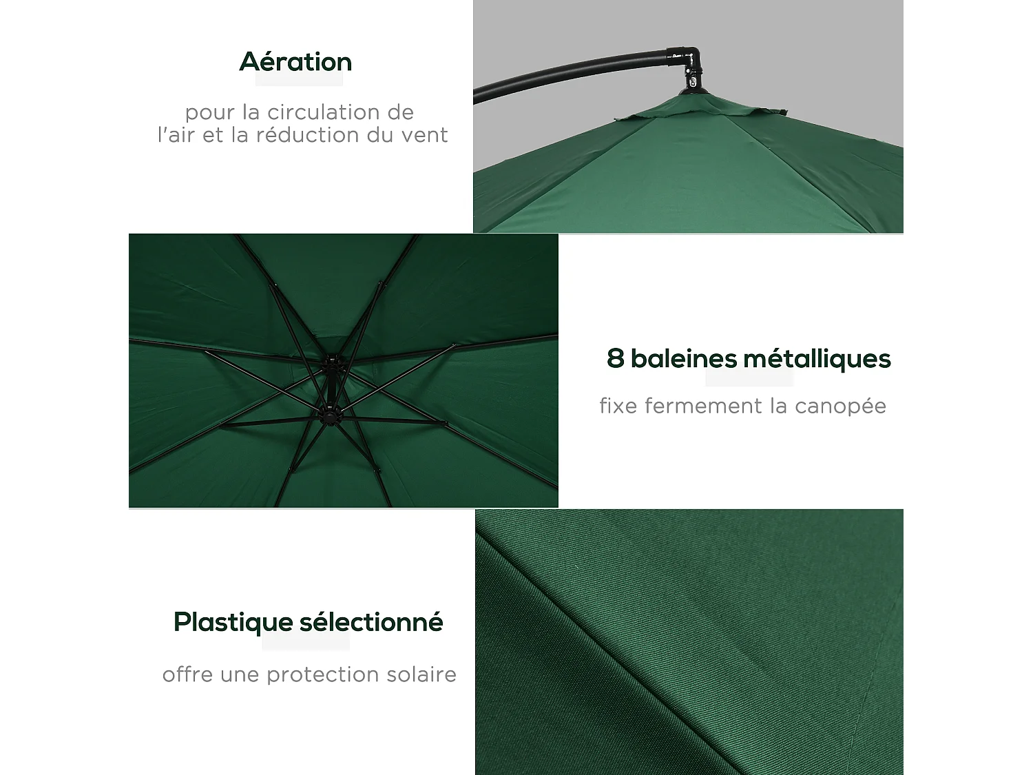Parasol déporté octogonal inclinable pivotant manivelle moustiquaire pied acier Ø 2,95 x 2,42H m vert