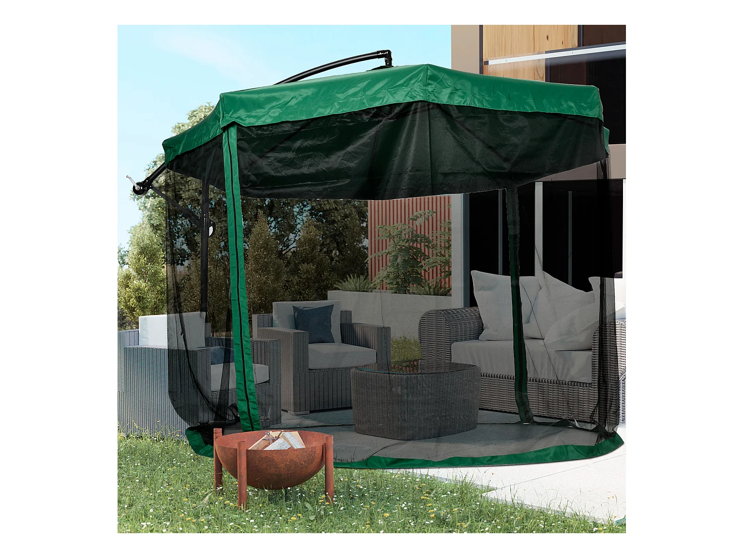 Parasol déporté octogonal inclinable pivotant manivelle moustiquaire pied acier Ø 2,95 x 2,42H m vert