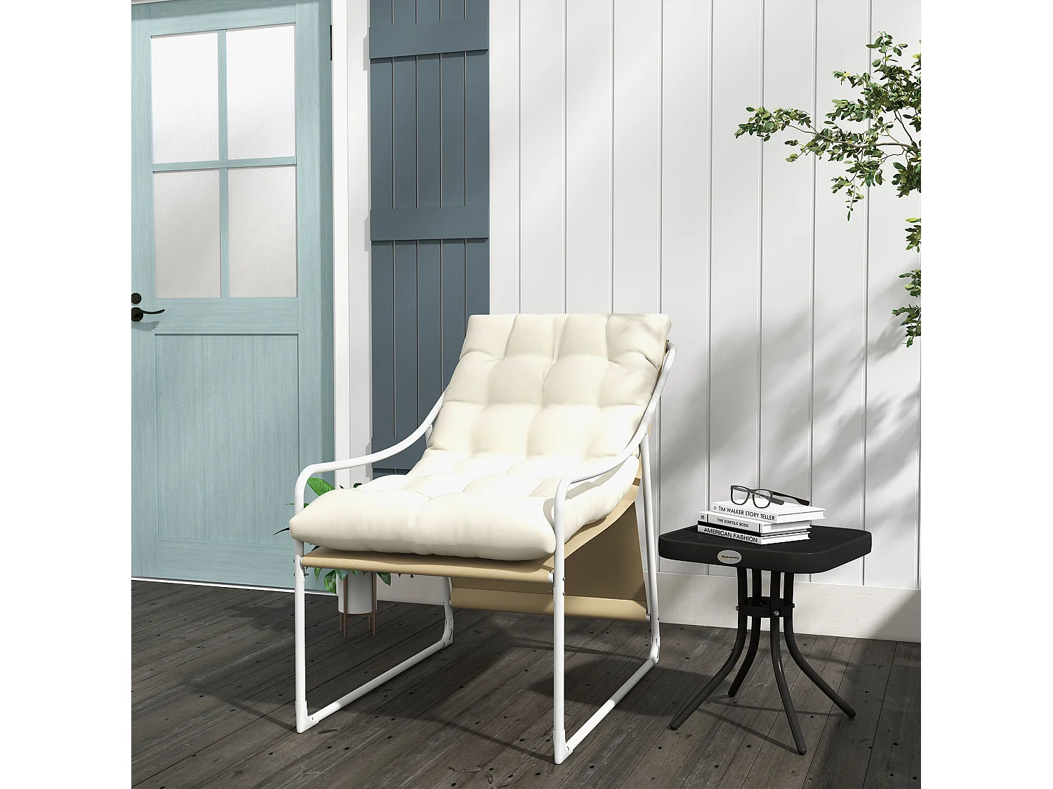 Fauteuil lounge de jardin avec coussin acier époxy polyester blanc beige crème
