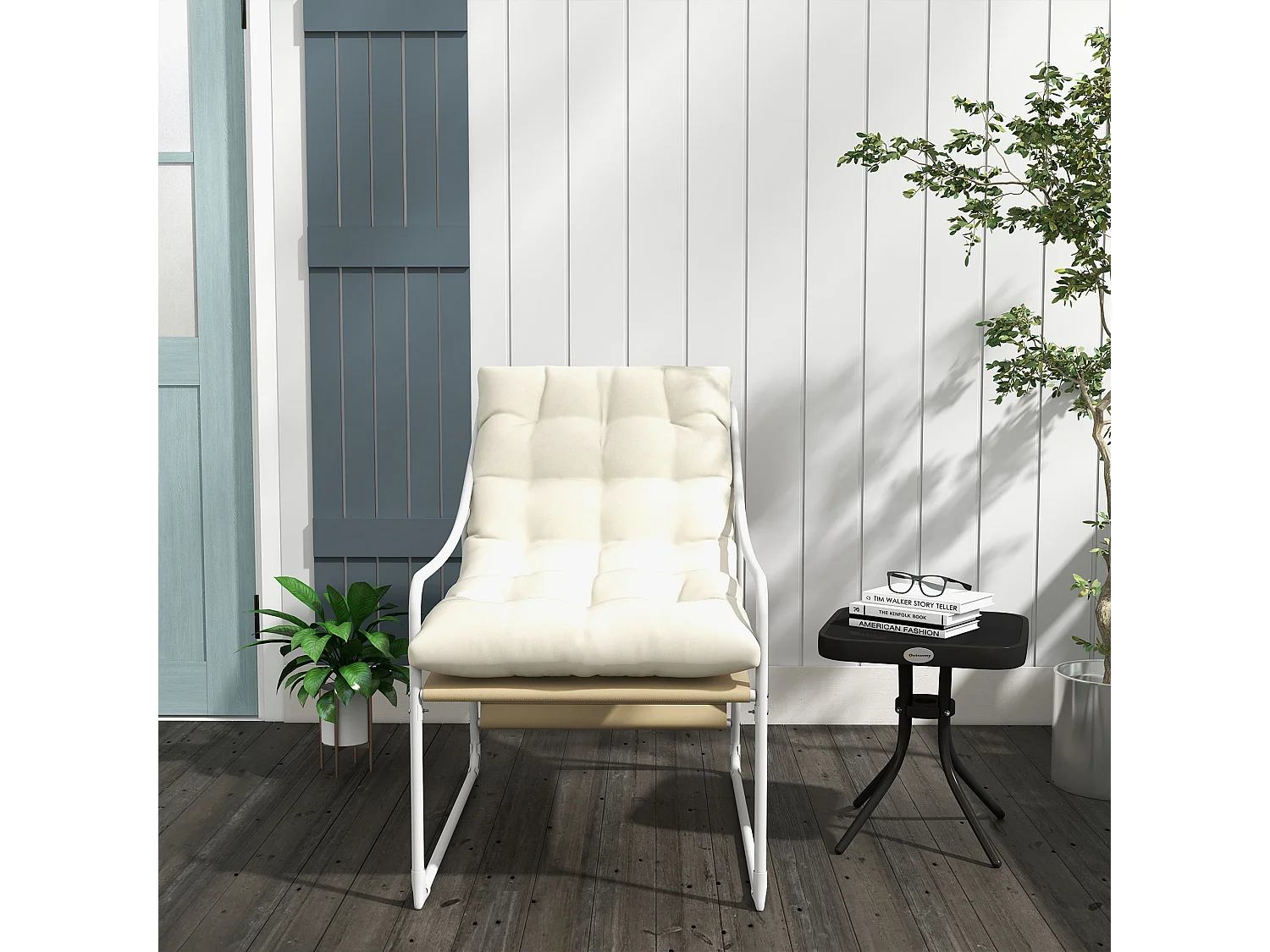 Fauteuil lounge de jardin avec coussin acier époxy polyester blanc beige crème